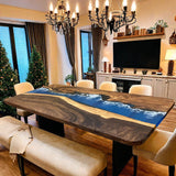 Custom Black Walnut Epoxy Resin River Table Blue Waves BRT-82