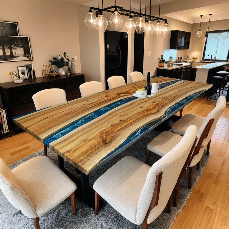 Custom Walnut Epoxy Resin River Table Blue Waves WRT-45