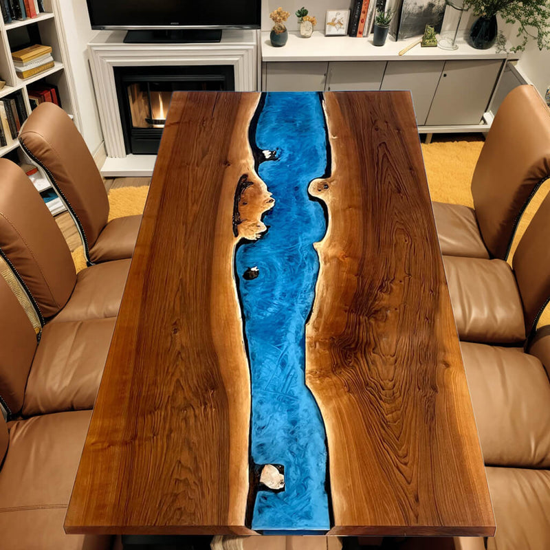 Custom Black Walnut Epoxy Resin River Table Blue Waves BRT-81