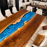 Custom Black Walnut Epoxy Resin River Table Blue Waves BRT-81