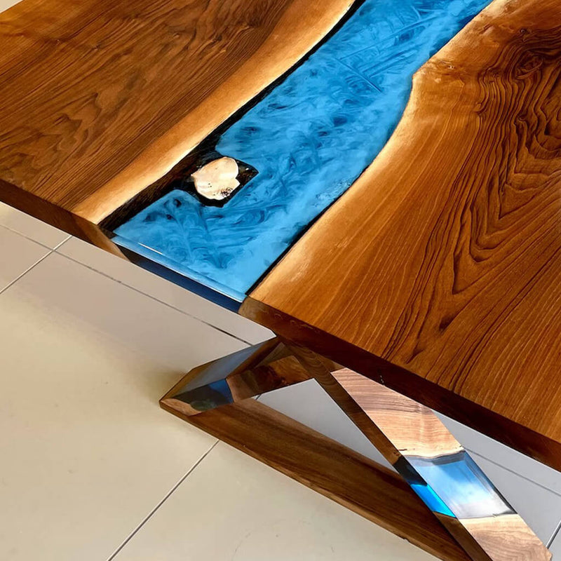 Custom Black Walnut Epoxy Resin River Table Blue Waves BRT-81