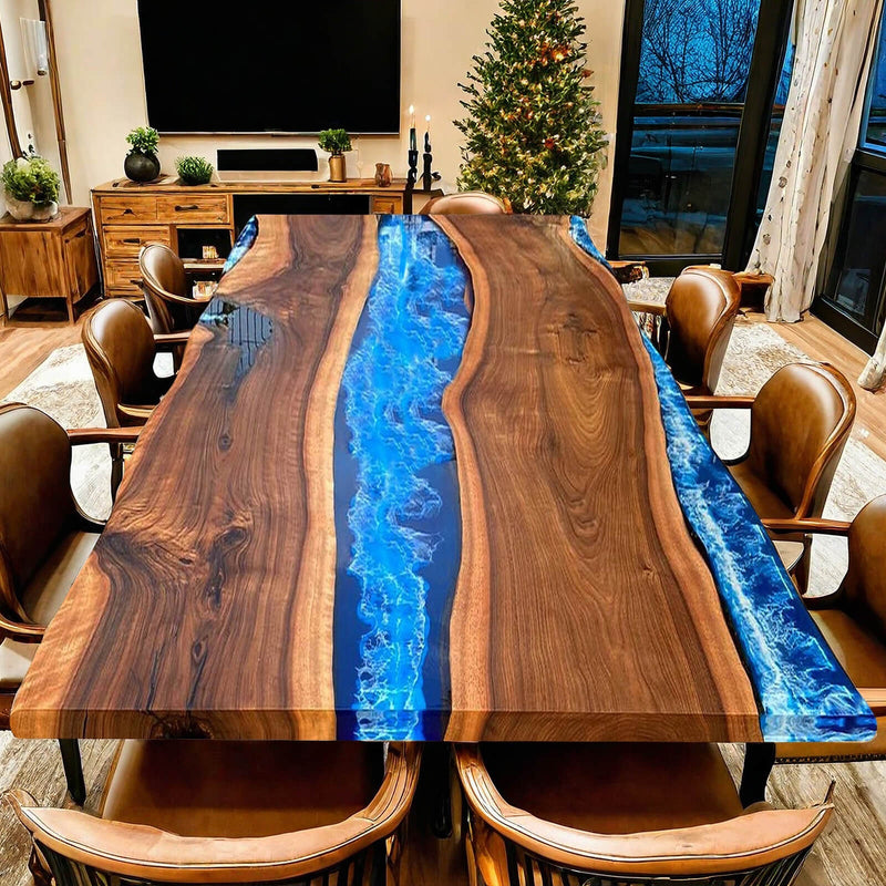Custom Walnut Epoxy Resin River Conference Table Blue Waves WRT-50