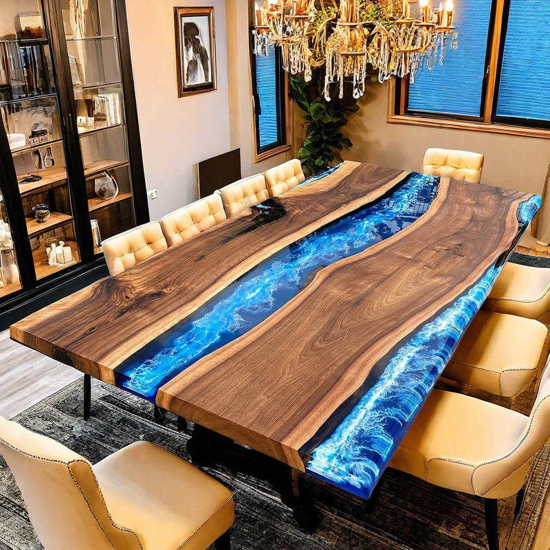 Custom Walnut Epoxy Resin River Conference Table Blue Waves WRT-50