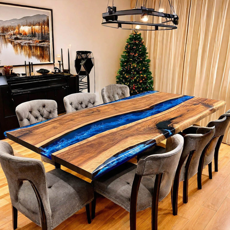 Custom Walnut Epoxy Resin River Conference Table Blue Waves WRT-50