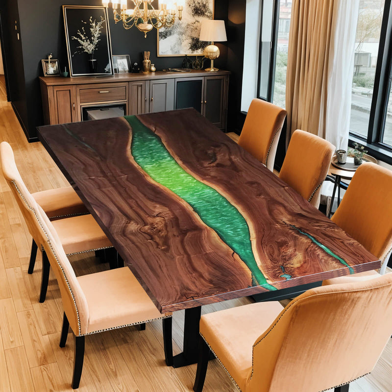 Custom Black Walnut Epoxy Resin River Table Green Resin BRT-89