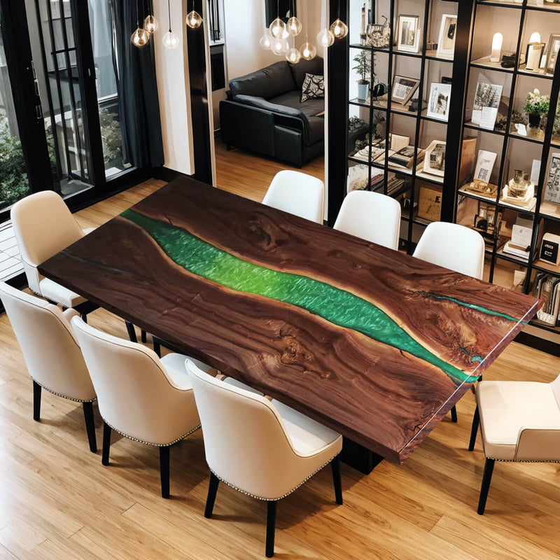 Custom Black Walnut Epoxy Resin River Table Green Resin BRT-89