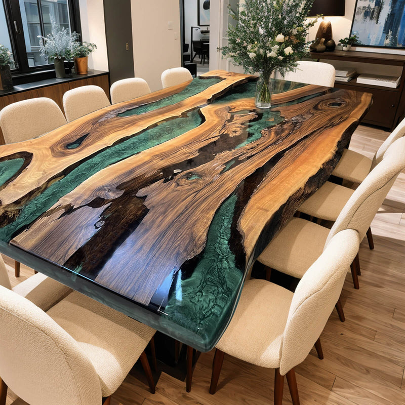 Custom Walnut Epoxy Resin River Table Green Resin WRT-02