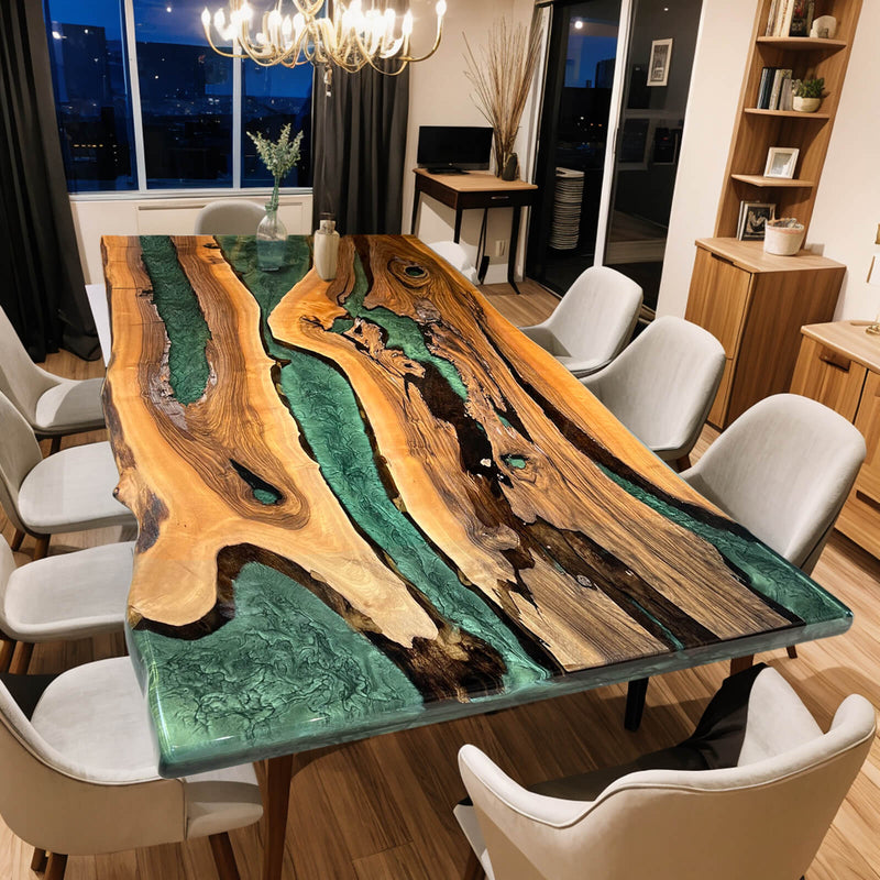 Custom Walnut Epoxy Resin River Table Green Resin WRT-02