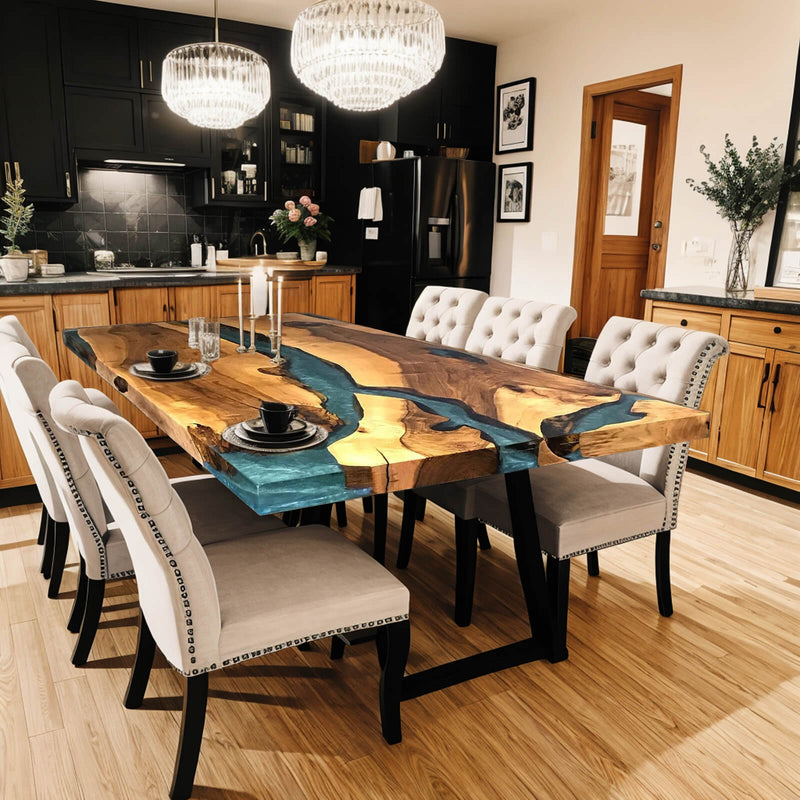 Custom Walnut Epoxy Resin River Table Grey Blue Resin WRT-38