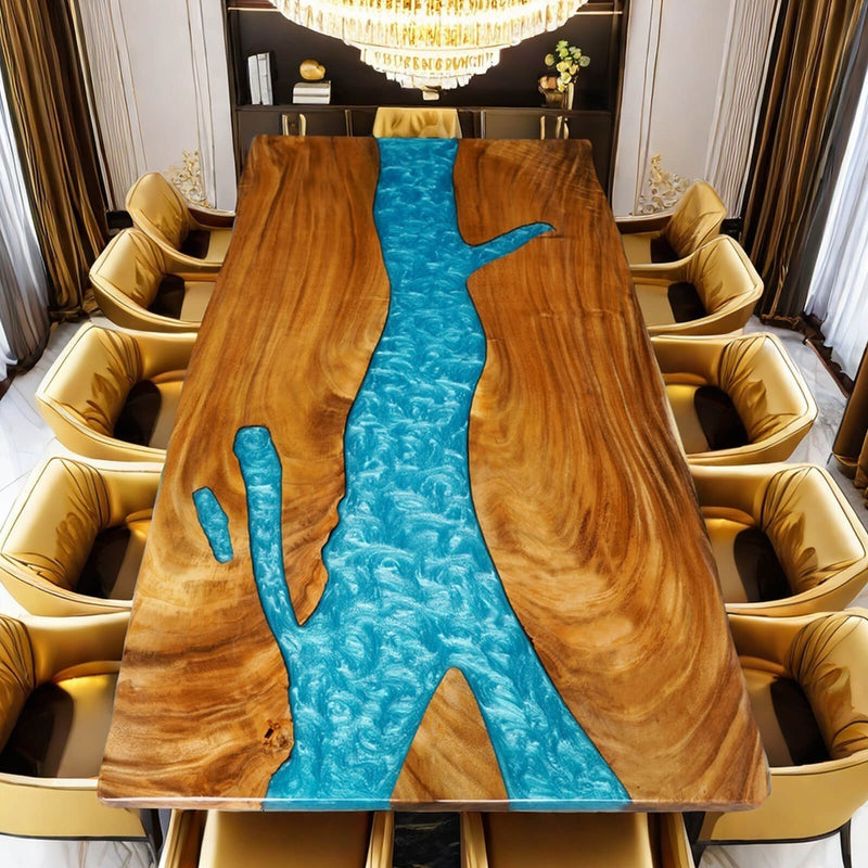Custom Walnut Epoxy Resin River Table Mint Blue Resin WRT-19