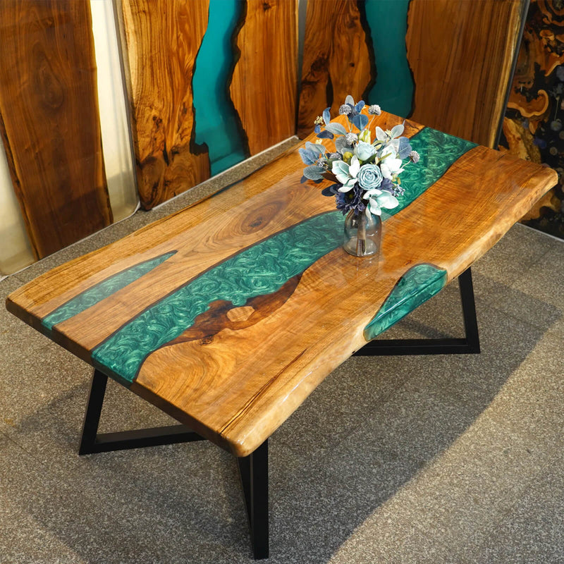 Custom Walnut Epoxy Resin River Table Mint Green Resin WRT-48