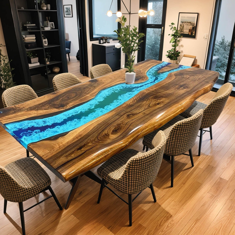 Custom Walnut Epoxy Resin River Table Ocean Blue Waves Resin WRT-30