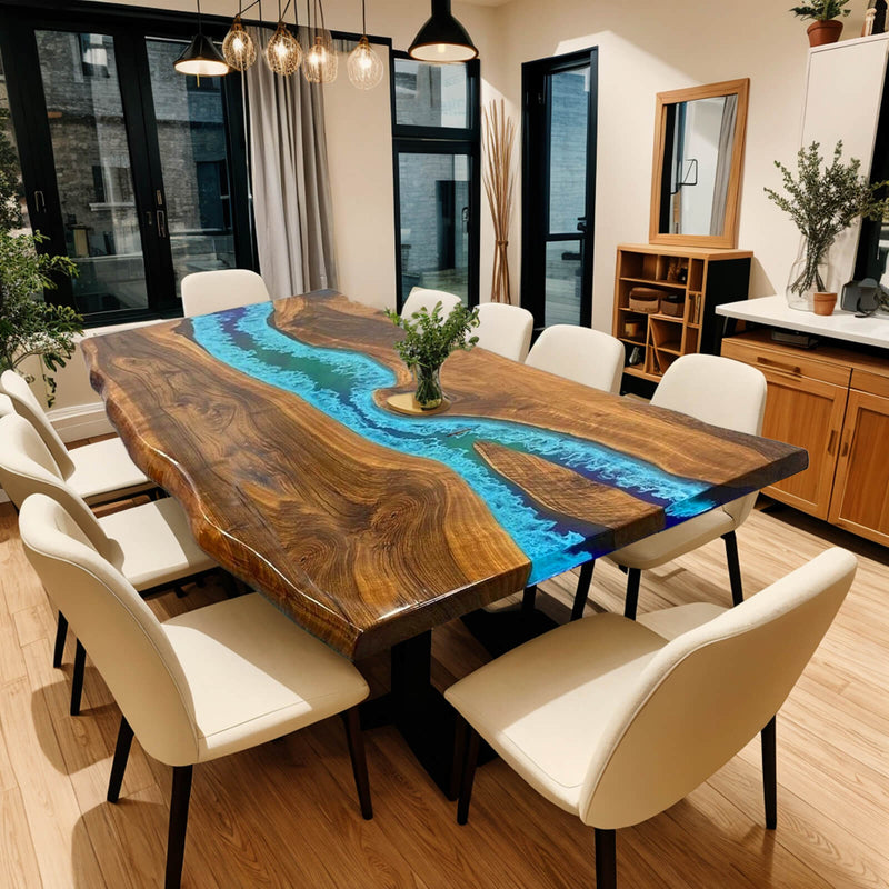 Custom Walnut Epoxy Resin River Table Ocean Blue Waves Resin WRT-30