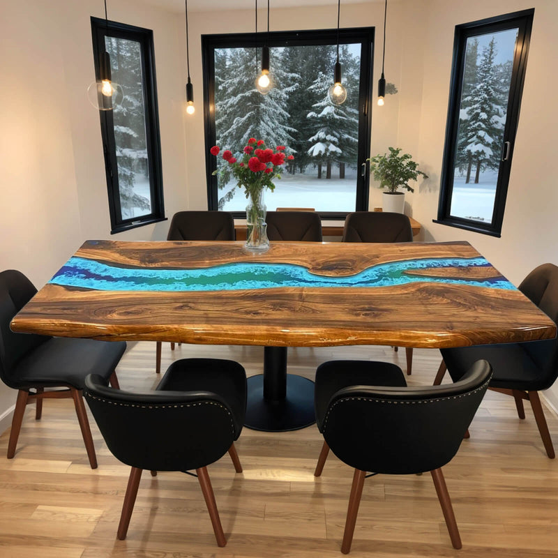Custom Walnut Epoxy Resin River Table Ocean Blue Waves Resin WRT-30