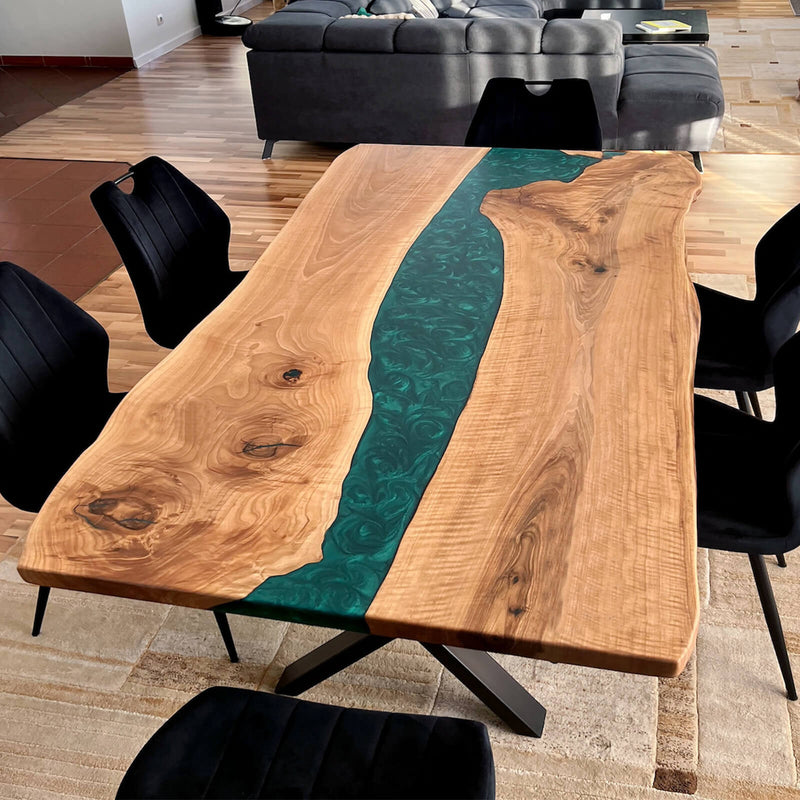 Custom Walnut Epoxy Resin River Table Pearl Green Resin WRT-49