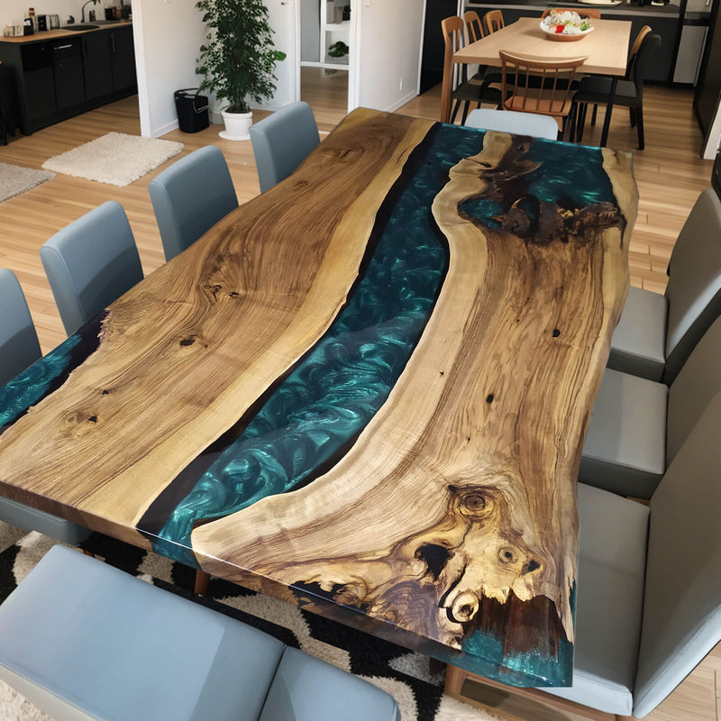 Custom Walnut Epoxy Resin River Table Pearl Green Resin WRT-37