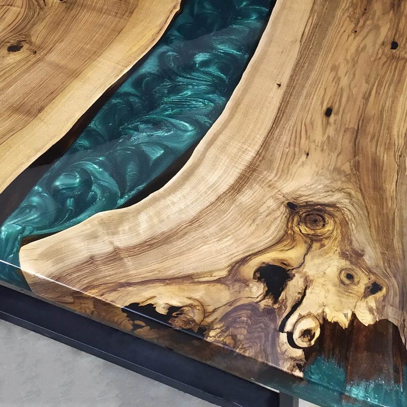 Custom Walnut Epoxy Resin River Table Pearl Green Resin WRT-37