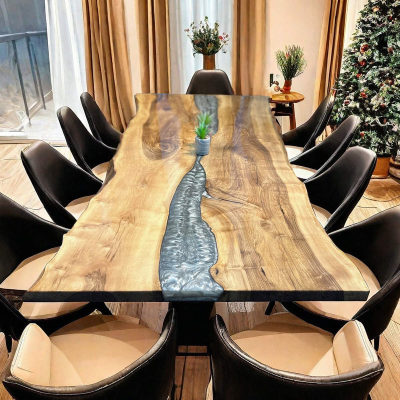 Custom Walnut Epoxy Resin River Table Pearl Silver Resin WRT-16