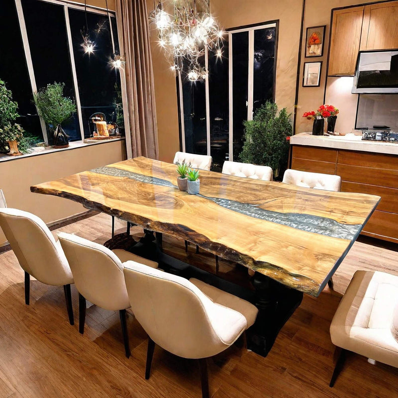 Custom Walnut Epoxy Resin River Table Pearl Silver Resin WRT-16