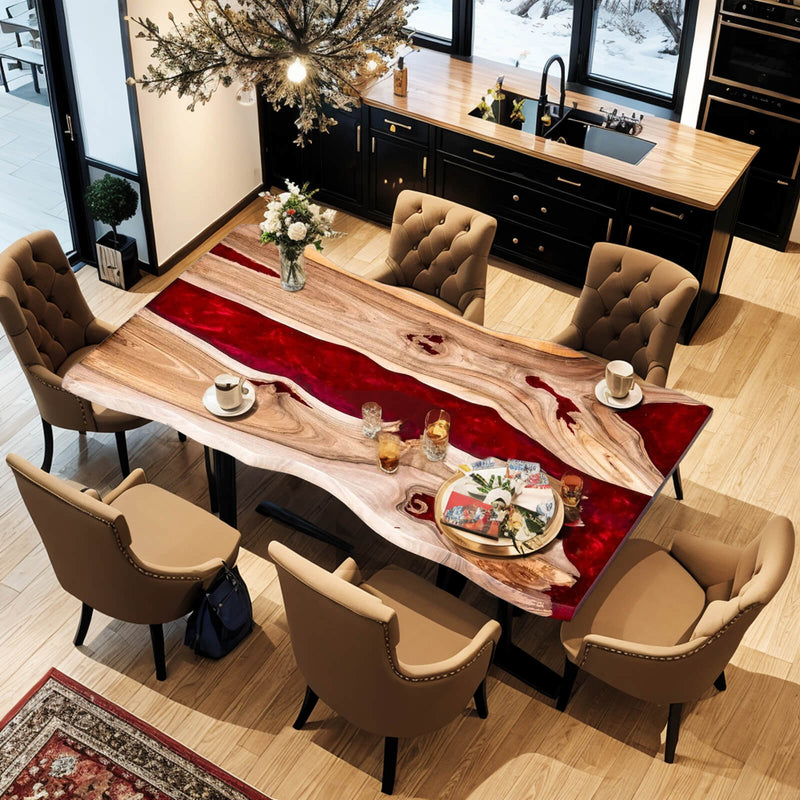 Custom Walnut Epoxy Resin River Table Red Resin WRT-44