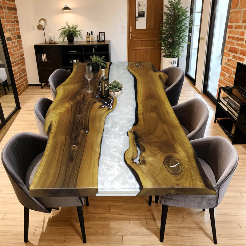 Custom Walnut Epoxy Resin River Table White Resin WRT-36