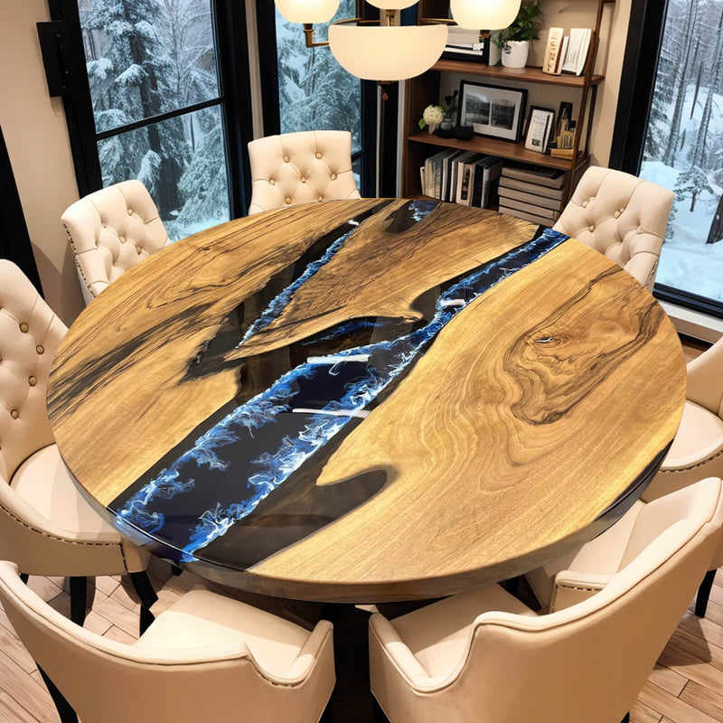 Custom Walnut Epoxy Resin Round Coffee Table Blue Ocean CRT-52