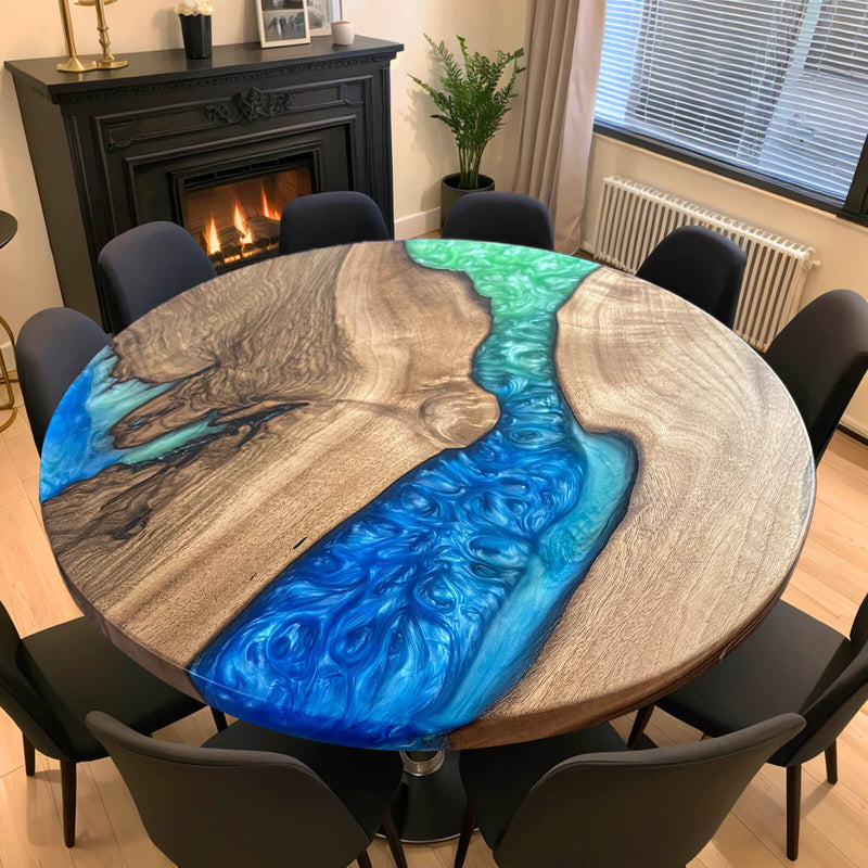 Custom Walnut Epoxy Resin Round Coffee Table Green Blue Resin CRT-56