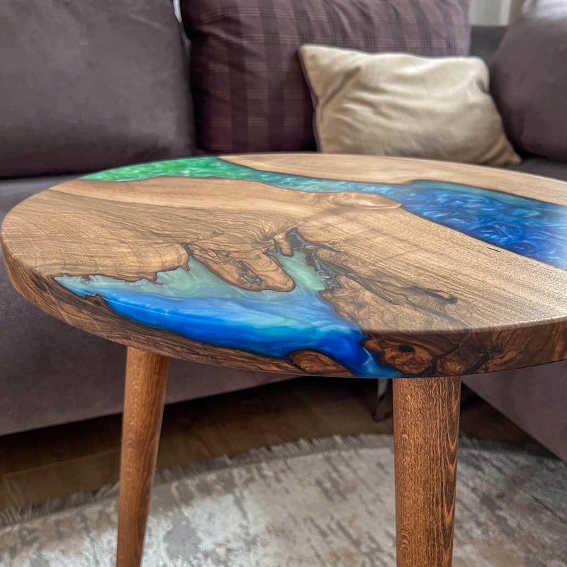 Custom Walnut Epoxy Resin Round Coffee Table Green Blue Resin CRT-56