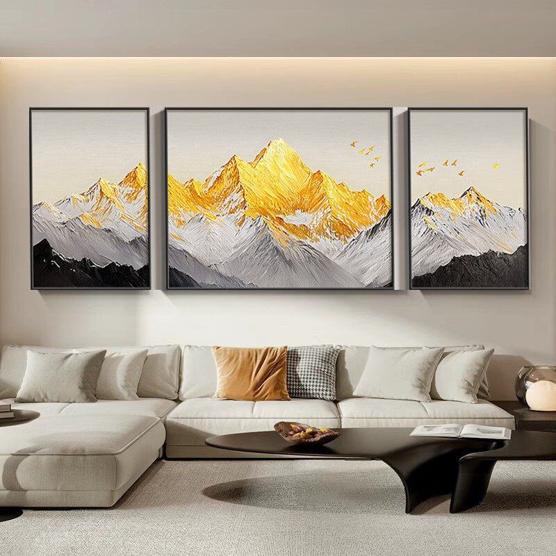 Three-panel Landscape Painting Depicting The Golden Mountains Under Sun Painting for Living room