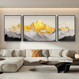 Three-panel Landscape Painting Depicting The Golden Mountains Under Sun Painting for Living room