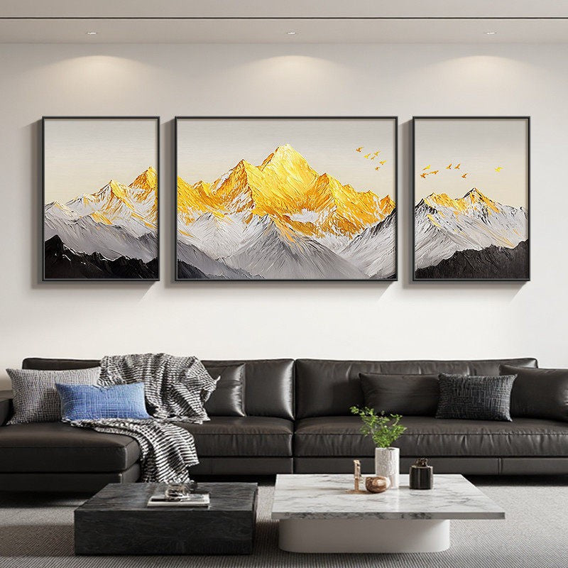 Three-panel Landscape Painting Depicting The Golden Mountains Under Sun Painting for Living room