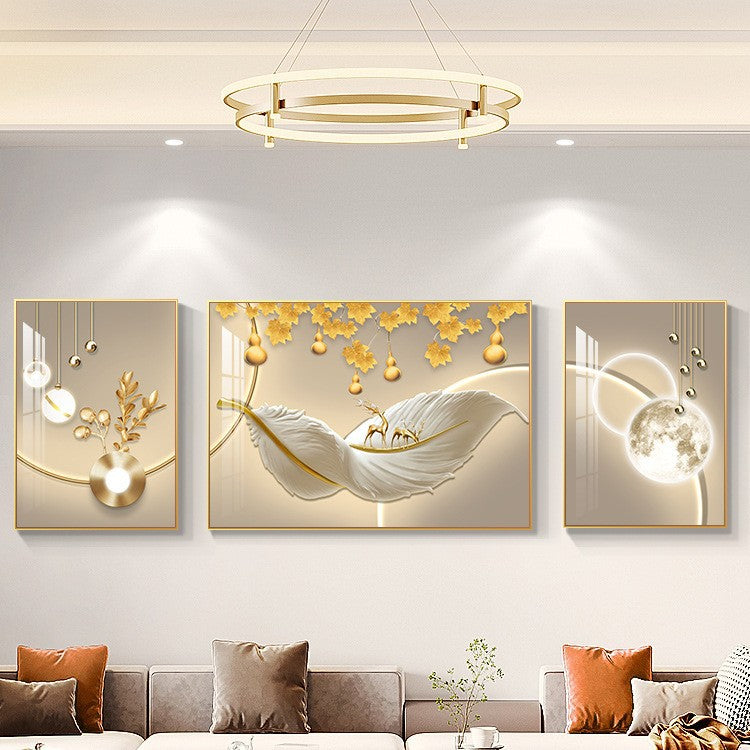 Modern Light Luxury Sofa Background Wall Painting Three-panel Feather Mural for Living Room
