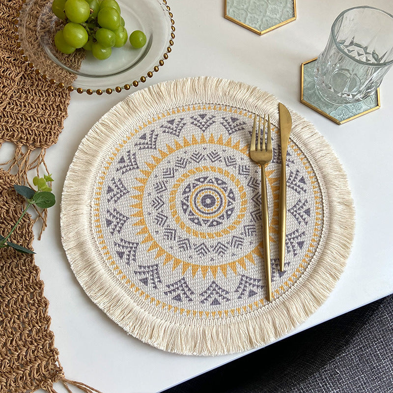 Nordic Bohemian Woven Cotton Coaster Placemat Fabric Tassel Heat-insulated Mat