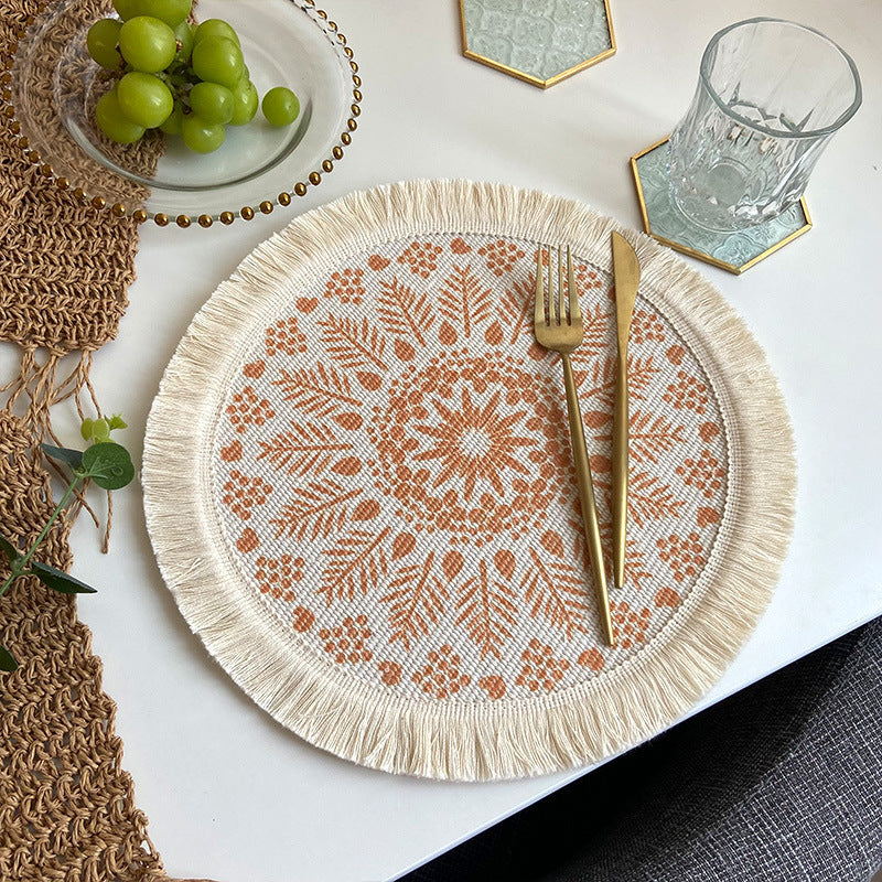 Nordic Bohemian Woven Cotton Coaster Placemat Fabric Tassel Heat-insulated Mat