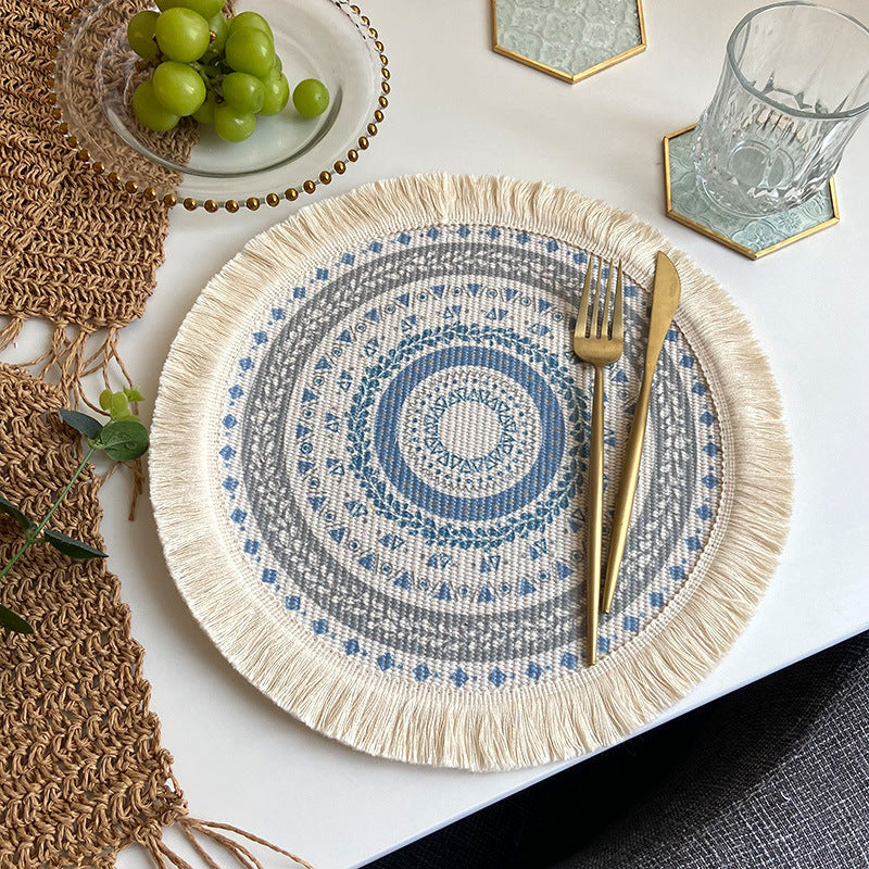 Nordic Bohemian Woven Cotton Coaster Placemat Fabric Tassel Heat-insulated Mat