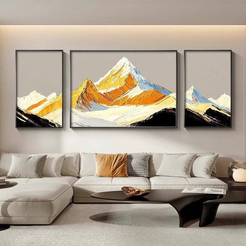 Three-panel Landscape Painting Depicting The Golden Mountains Under Sun Painting for Living room