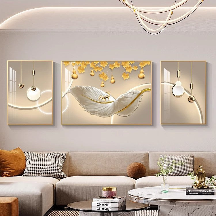 Modern Light Luxury Sofa Background Wall Painting Three-panel Feather Mural for Living Room