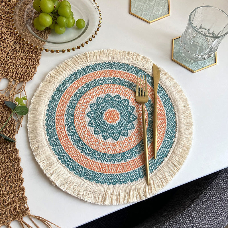 Nordic Bohemian Woven Cotton Coaster Placemat Fabric Tassel Heat-insulated Mat