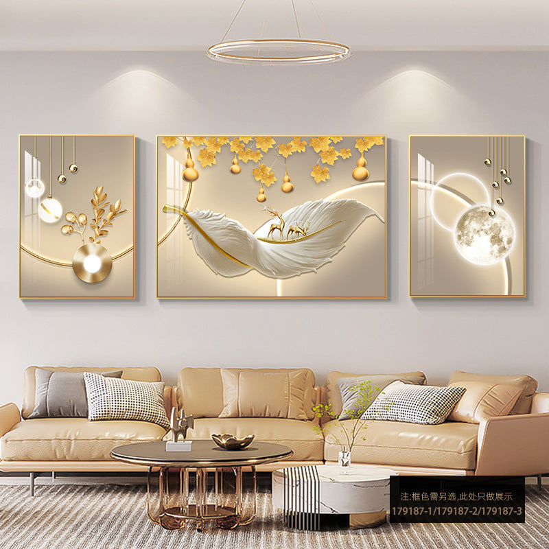 Modern Light Luxury Sofa Background Wall Painting Three-panel Feather Mural for Living Room