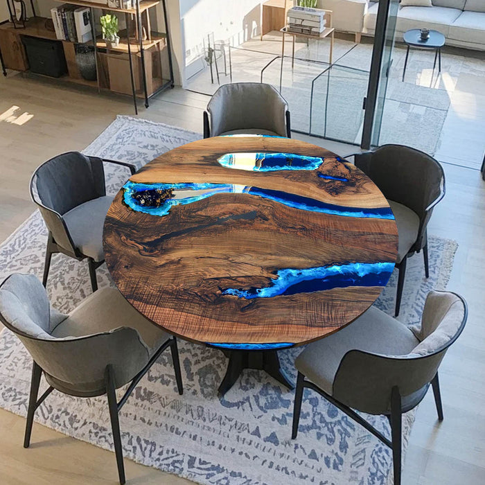 Luxury Black Walnut Epoxy River Round Coffee Table Blue Waves CRT-05
