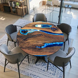 Luxury Black Walnut Epoxy River Round Coffee Table Blue Waves CRT-05