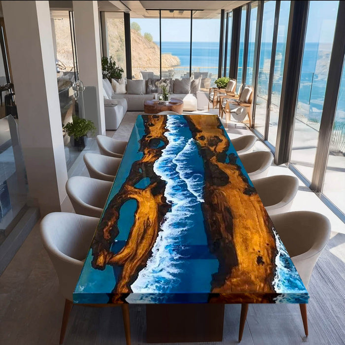 Custom Live Edge Golden Camphor Ocean Waves Epoxy Resin Table GRT-01