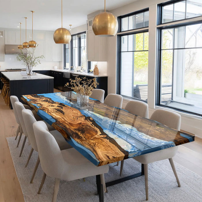 Custom Live Edge Olive Epoxy Ocean Waves Table ORT-56