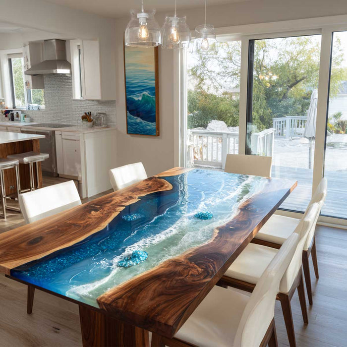 Handcrafted Black Walnut Epoxy Ocean River Table for Dining Room BRT-59
