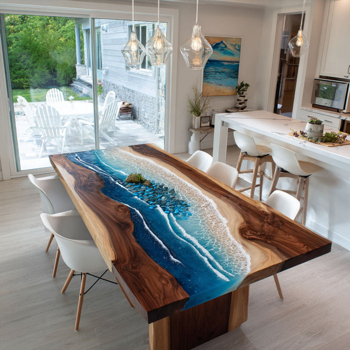 Custom Black Walnut Epoxy Ocean Waves Table for Dining Room BRT-54