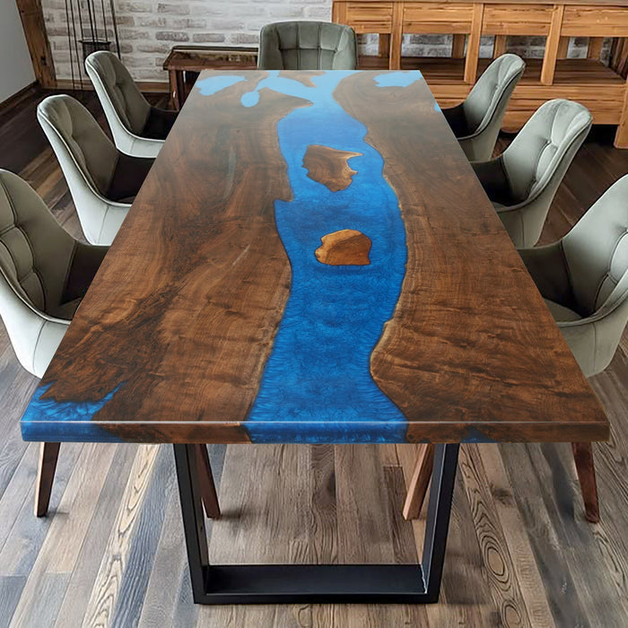 Custom Black Walnut Blue Epoxy and Wood Dining Table Blue Resin BRT-51