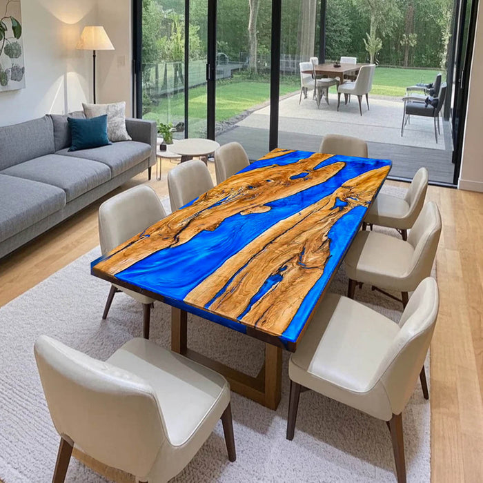 Custom Olive Wood Blue Ocean Epoxy Dining Table ORT-57