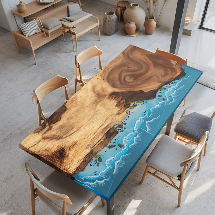 Custom Ocean Waves Walnut Epoxy Dining Table Blue WRT-90