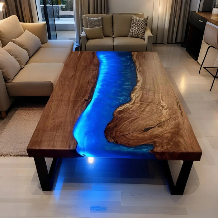 Custom Black Walnut Epoxy River Table with LED Lights Blue Resin BRT-43