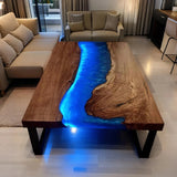 Custom Black Walnut Epoxy River Table with LED Lights Blue Resin BRT-43